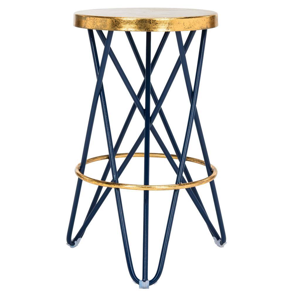 Beige and Blue Wood Metal Backless Counter Stool
