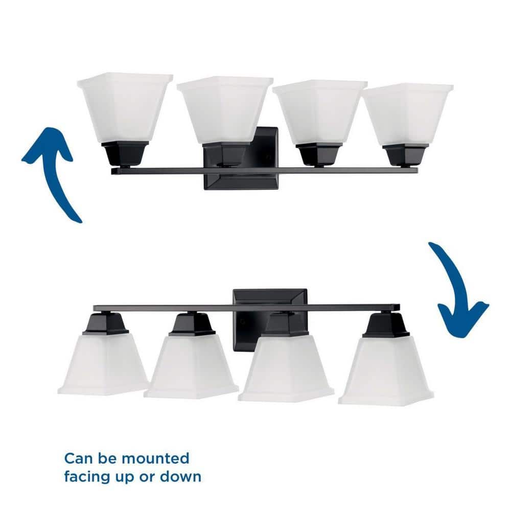 Matte Black Four-Light Bath Vanity Fixture with Etched Glass Shades