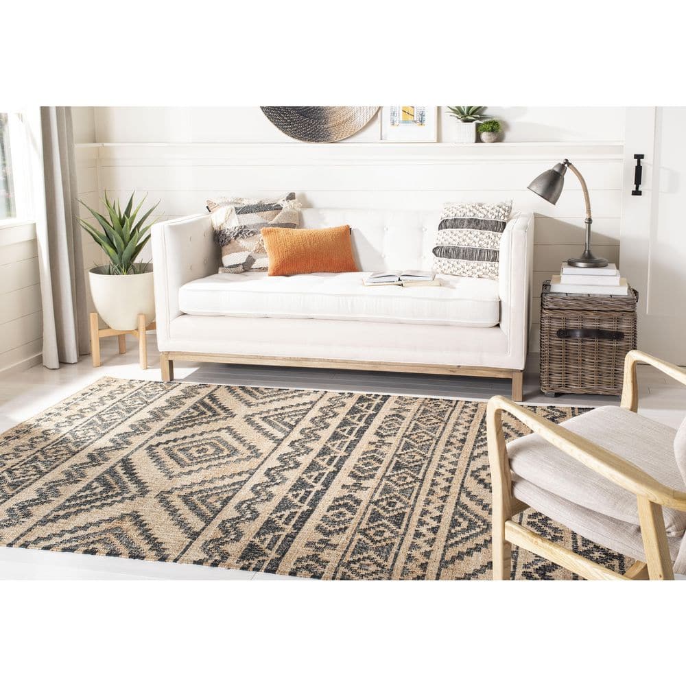 Gray and Natural Cotton Handmade Kilim Rug, 7' Square