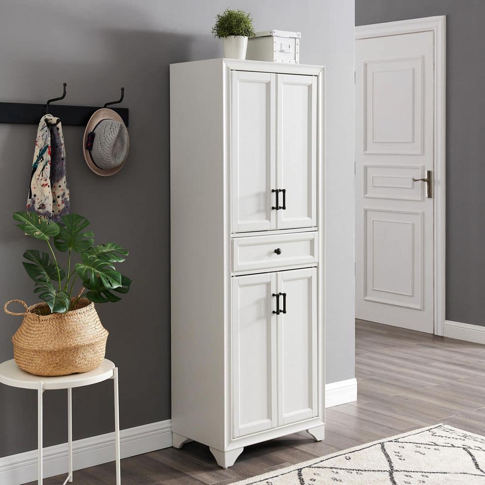 Distressed White Tall Kitchen Pantry with Adjustable Shelves