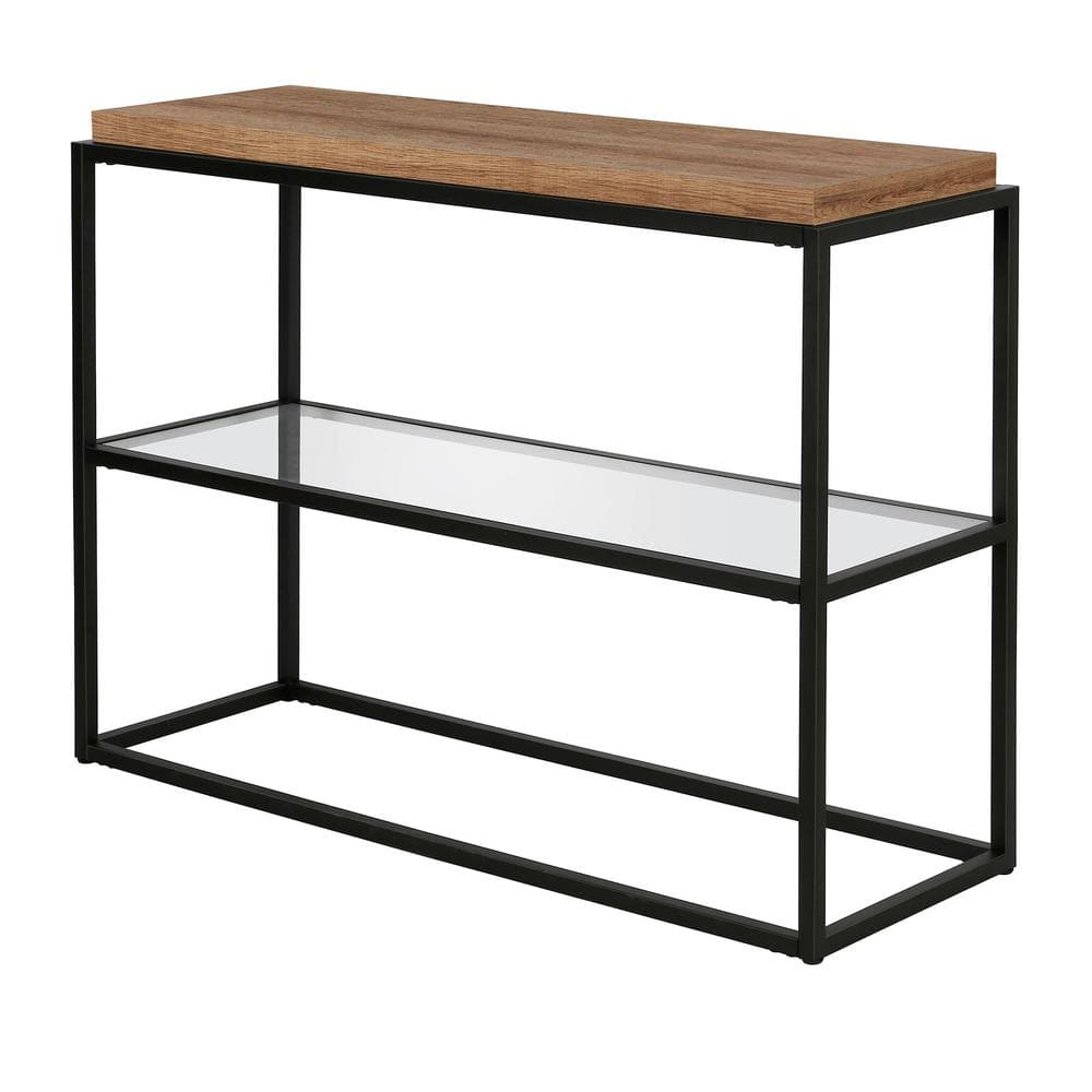 Hector Blackened Bronze and Rustic Oak Console Table with Glass Shelf