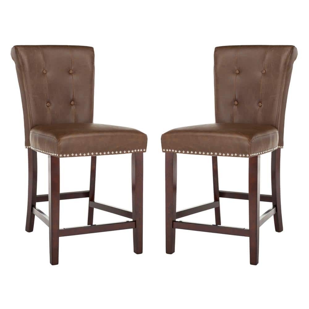 Transitional Tufted Brown Leather Counter Stool - Set of 2