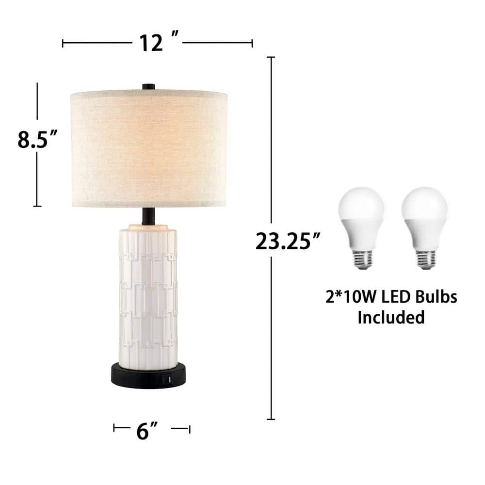 White Ceramic Table Lamp Set with USB Port and Linen Shade