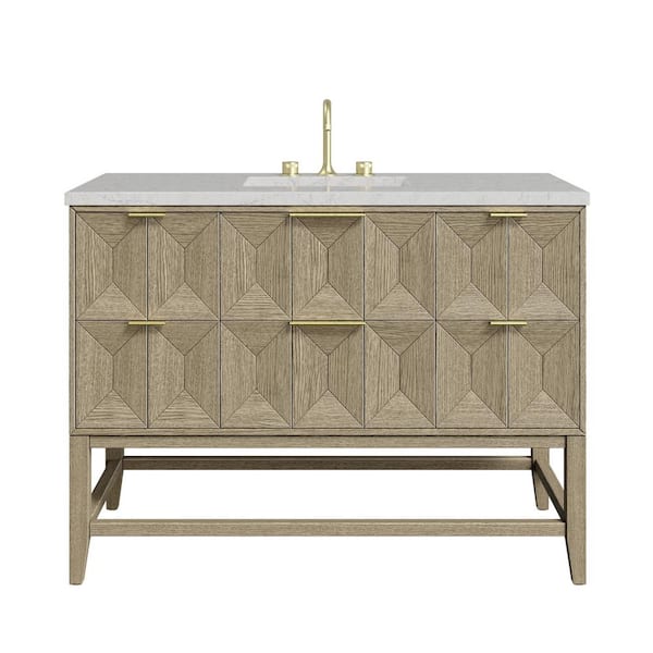 James Martin Vanities Emmeline 48.0 in. W x 23.5 in. D x 36 in. H Single Bathroom Vanity Pebble Oak and Eternal Jasmine Pearl Quartz Top