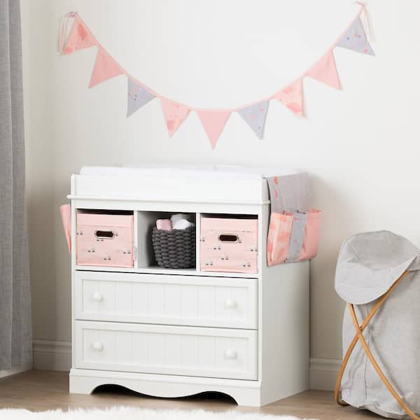 South Shore Savannah Pure White and Pink Changing Table with Doudou the Rabbit Runner and Pennant Banner