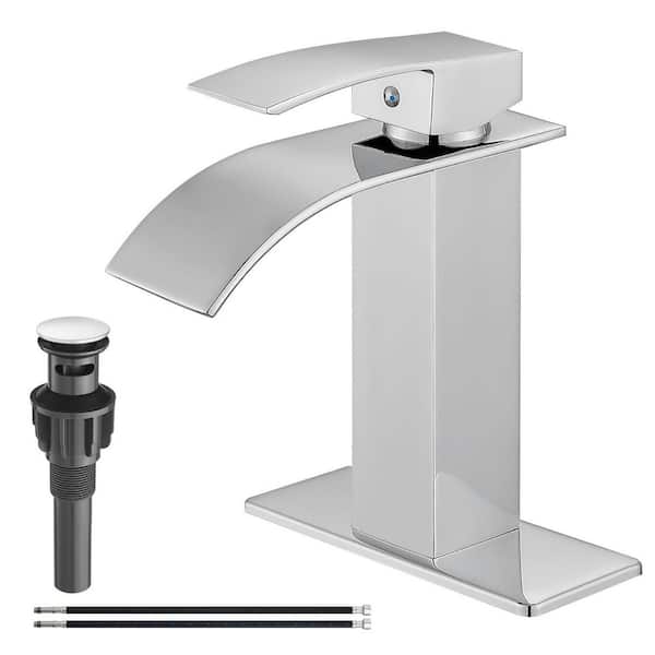 Single Handle Single Hole Waterfall Spout Bathroom Sink Faucet with Pop up Drain in Polished Chrome