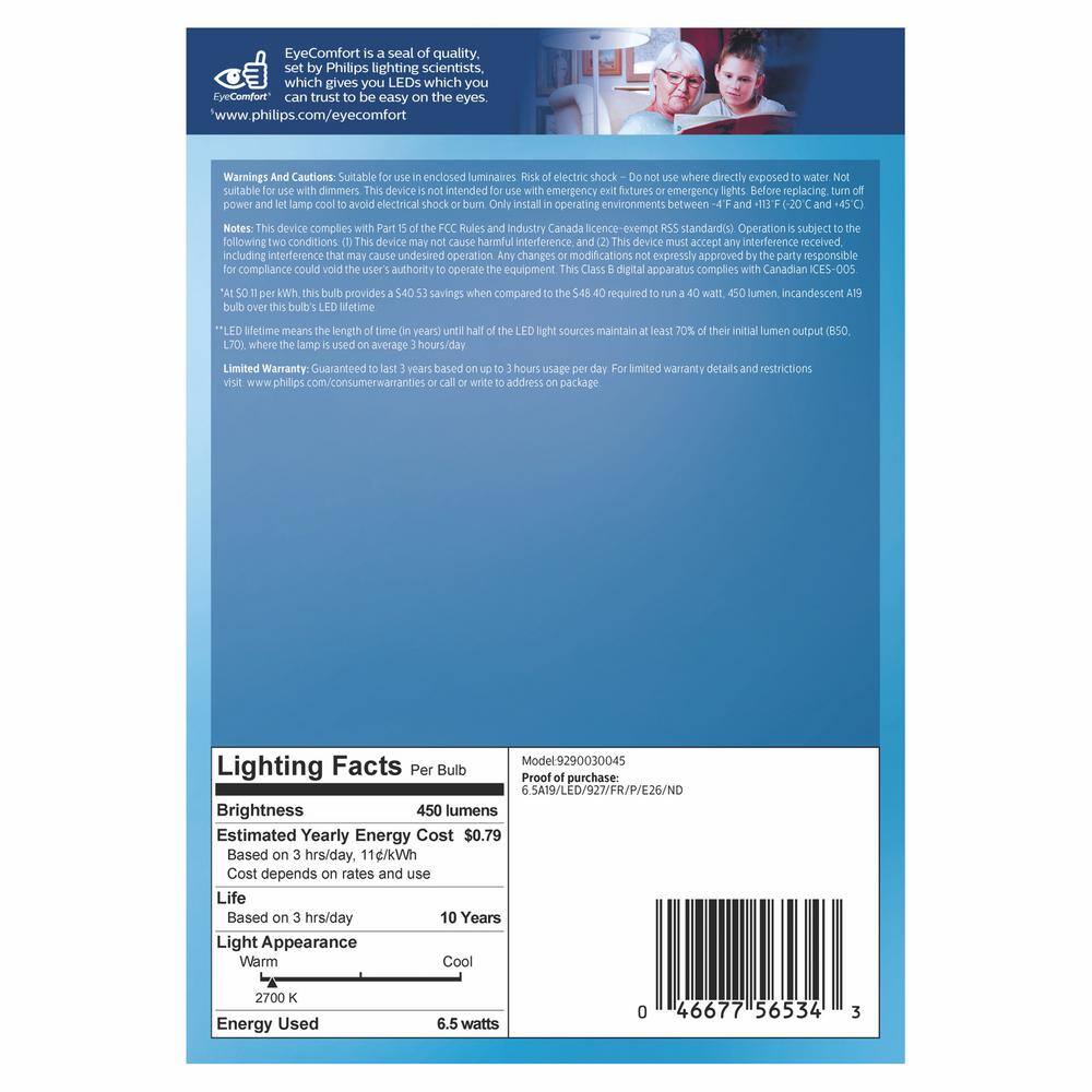 Philips Soft White Frosted LED A19 Light Bulbs, 4-Pack