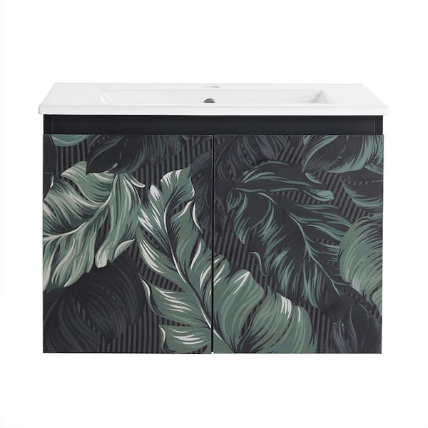 EPOWP 24 in. W x 18.3 in. D x 17.3 in. H Single Sink Floating Bath Vanity in Green Leaf with White Resin Top and Cabinet