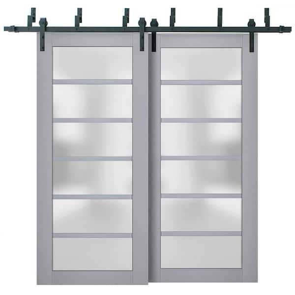 Sartodoors 48 in. x 80 in. 2 Panel Frosted Glass Matte Grey Solid Wood Sliding Barn Door with Hardware Kit