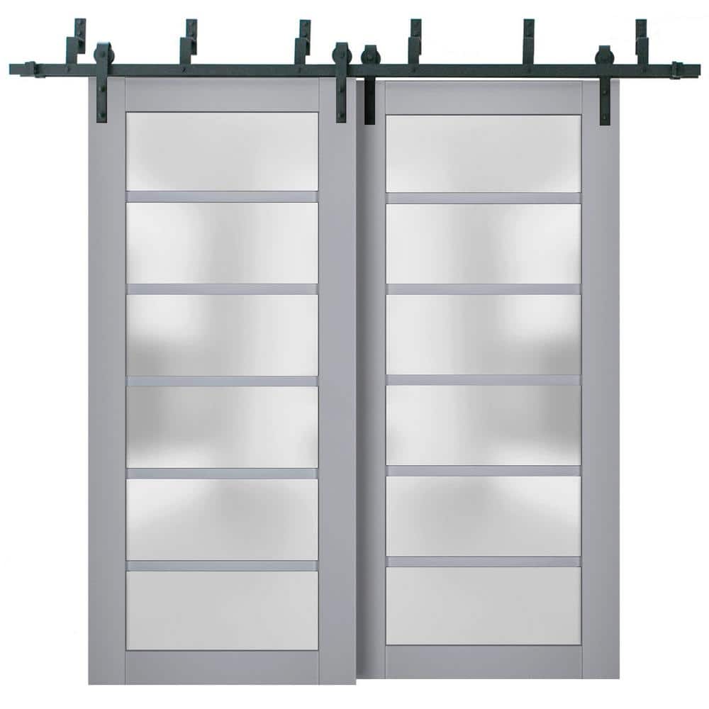 56 in. x 84 in. 2 Panel Frosted Glass Matte Grey Solid Wood Sliding Barn Door with Hardware Kit price history on PriceWatchPro