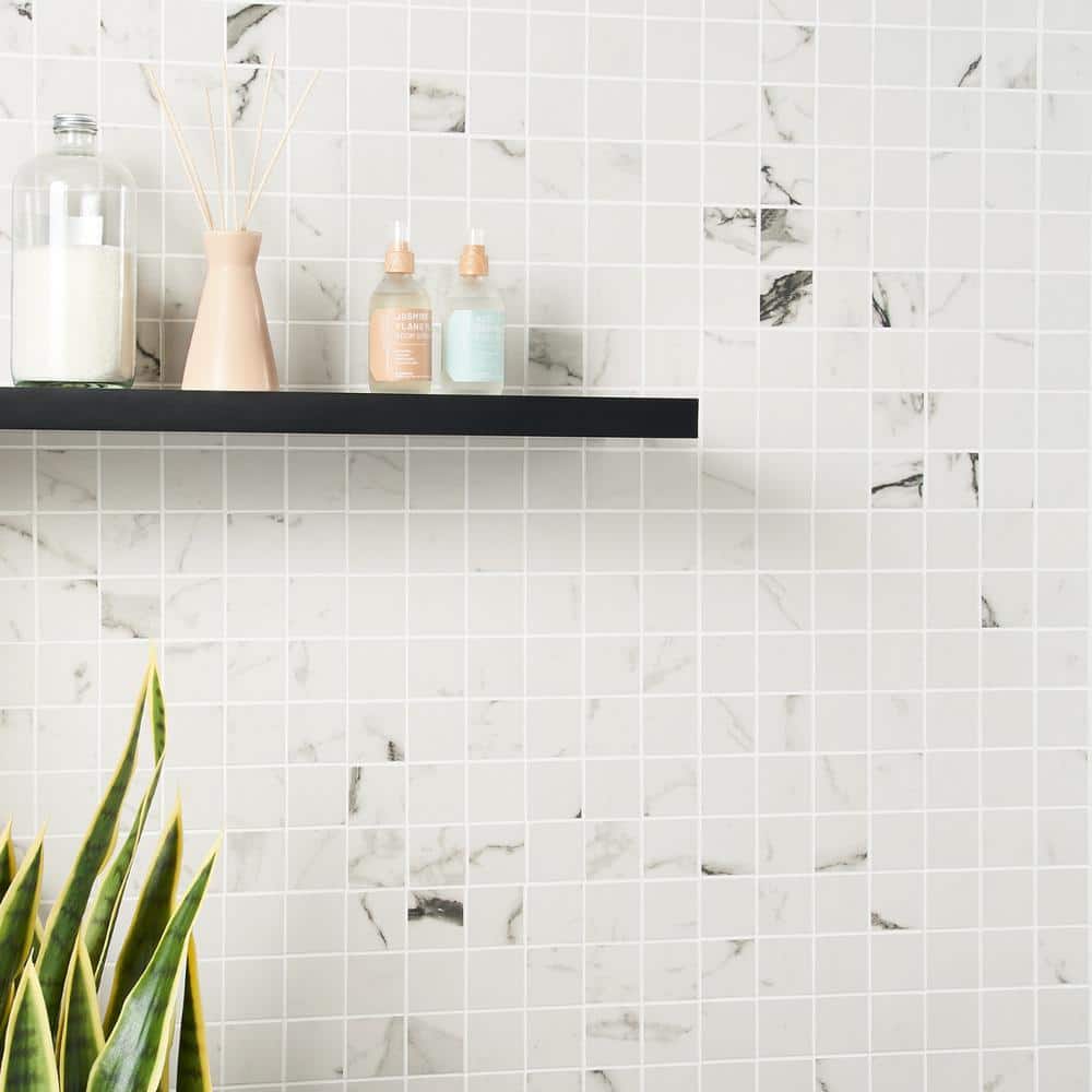 Statuario Venato Matte Porcelain Mosaic Tile Sheet for Indoor/Outdoor Use