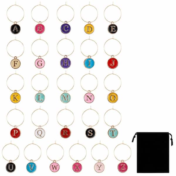26-Piece Stainless Steel Wine Glass Charms Set with Storage Bag Assorted Patterns for Stem Glasses Party