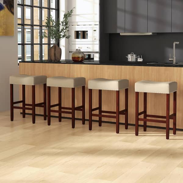 25 in. Beige Backless Wood Bar Stool Counter Height Saddle Kitchen Chairs with Wooden Legs Set of 2