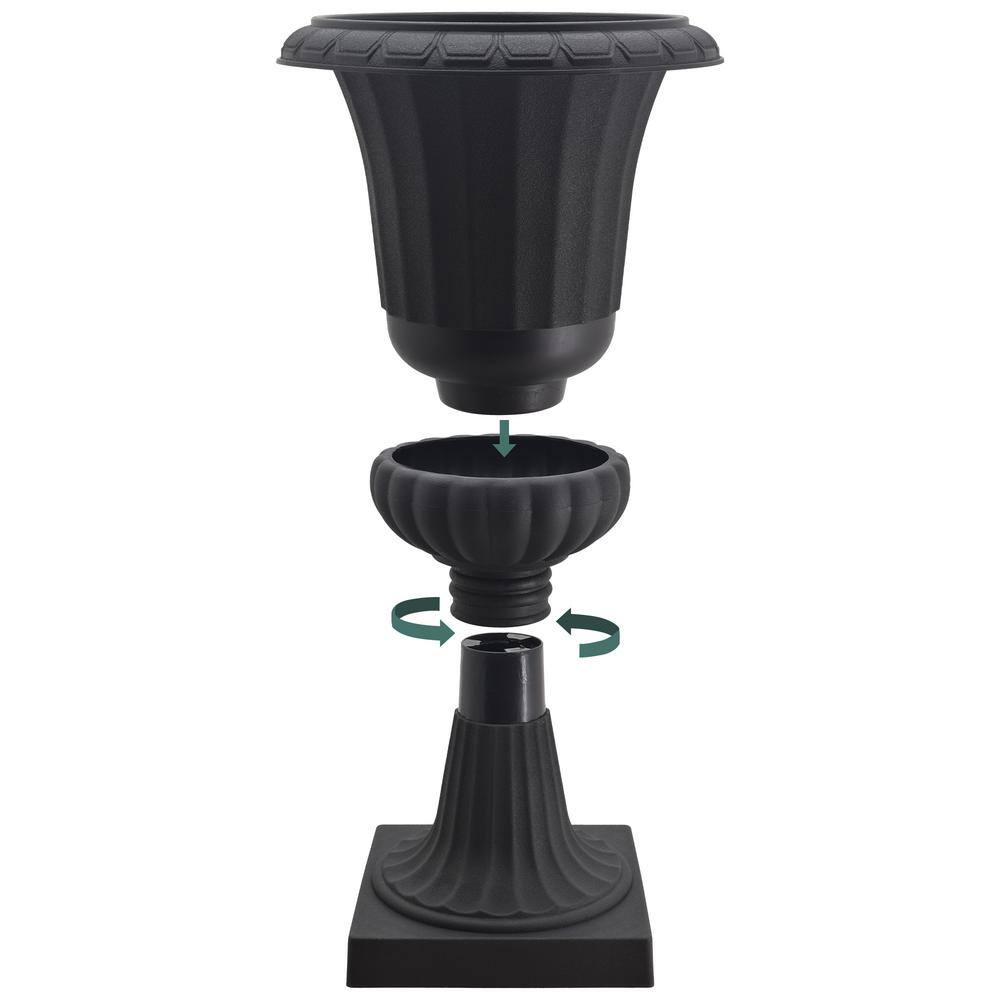 Large Black Plastic Outdoor Pedestal Urn Planter Set