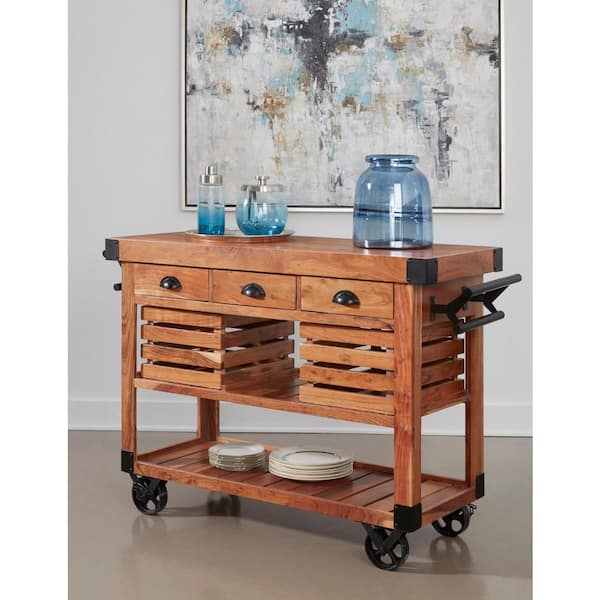 Coast To Coast Accents Hatch 53.50 in. W x 18 in. D x 34.50 in. H Brown 3-Drawer Serving Cart with Casters