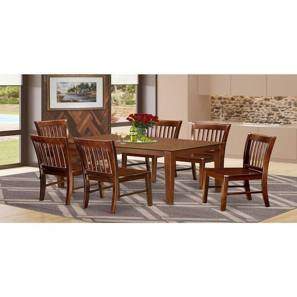 East West Furniture 7-Piece Rectangle Mahogany Finish Solid Wood Top Dining Table with 6 Chairs with Lattice Back