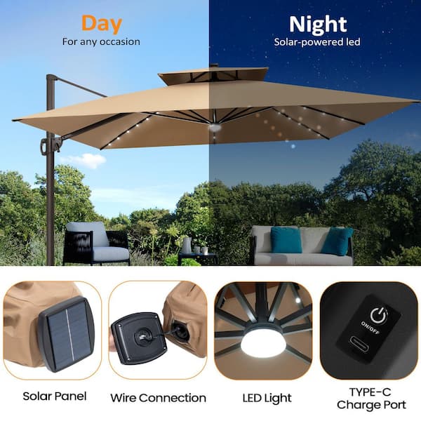 CLOUDFLY 11 ft. x 11 ft. Solar LED Lights Cantilever Patio Umbrella Offset Outdoor Umbrella 360 Rotate in Tan with Cross Stand TANPU87 CLOUDFLY 11 ft. x 11 ft. Solar LED Lights Cantilever Patio Umbrella Offset Outdoor Umbrella 360 Rotate in Tan with Cross Stand TANPU87