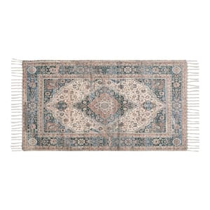 Chinille Fringe Machine Washable Blue/Rust 2 ft. x 4 ft. Medallion Accent Rug