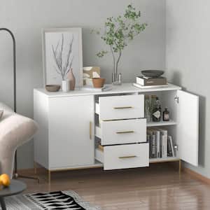 White Paint 2-Doors Accent Storage Cabinets With 3-Drawers, Shelves, Metal Legs Console Floor-Standing Sideboard