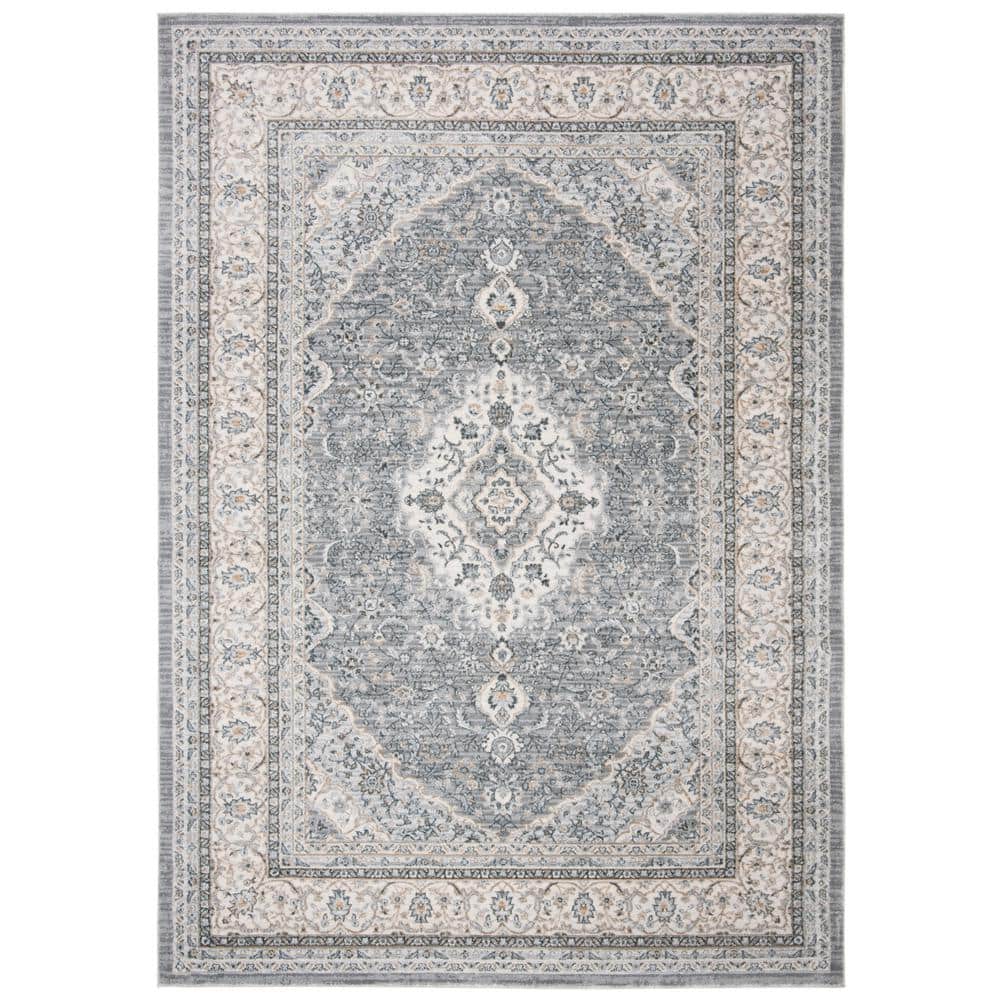 Grey and Cream Synthetic Stain-Resistant Oriental Area Rug, 9' x 12'