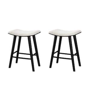 Luna 24 in. Black Backless Wood Saddle Counter Stools with White Boucle Fabric Seat (Set of 2)