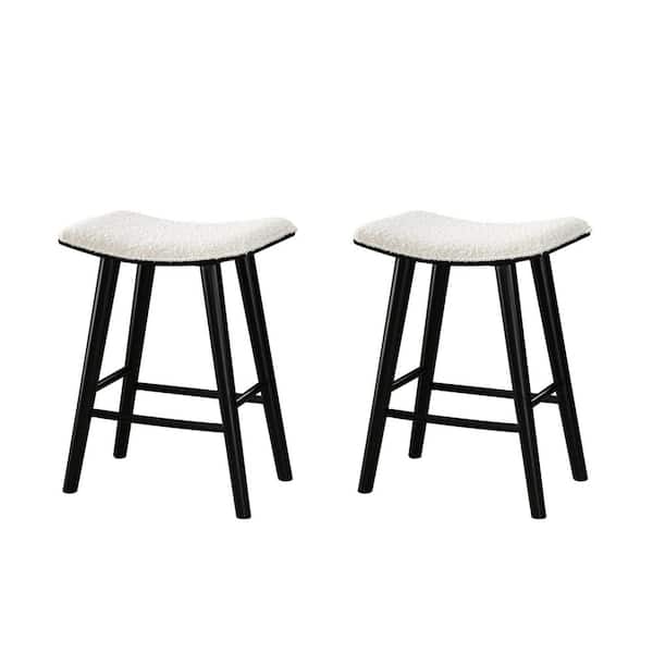 LuXeo Luna 24 in. Black Backless Wood Saddle Counter Stools with White Boucle Fabric Seat (Set of 2)