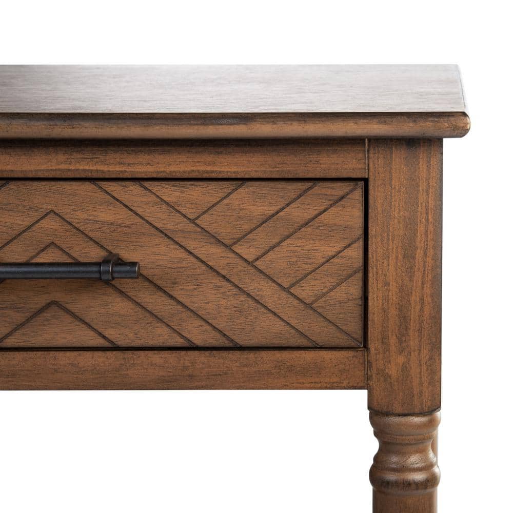 Peyton French Brown Wood Storage End Table with Herringbone Drawer