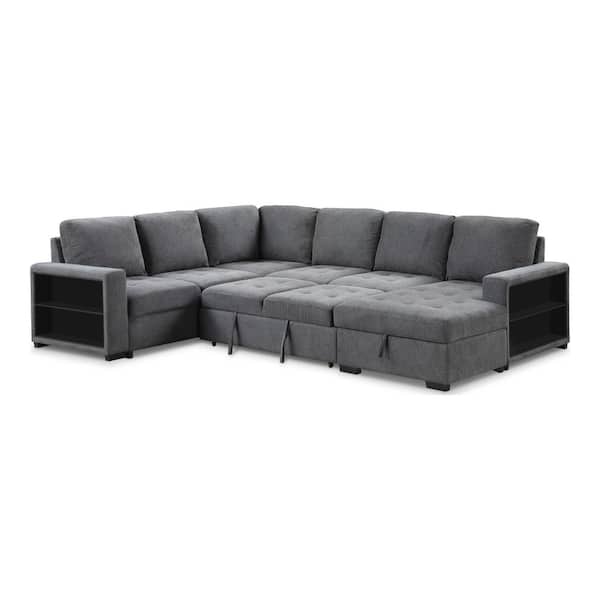 Abbey 128 in. Biscuit Tufted L-Shaped Fabric Sectional Sofa in. Dark Gray with Storage and USB Charger