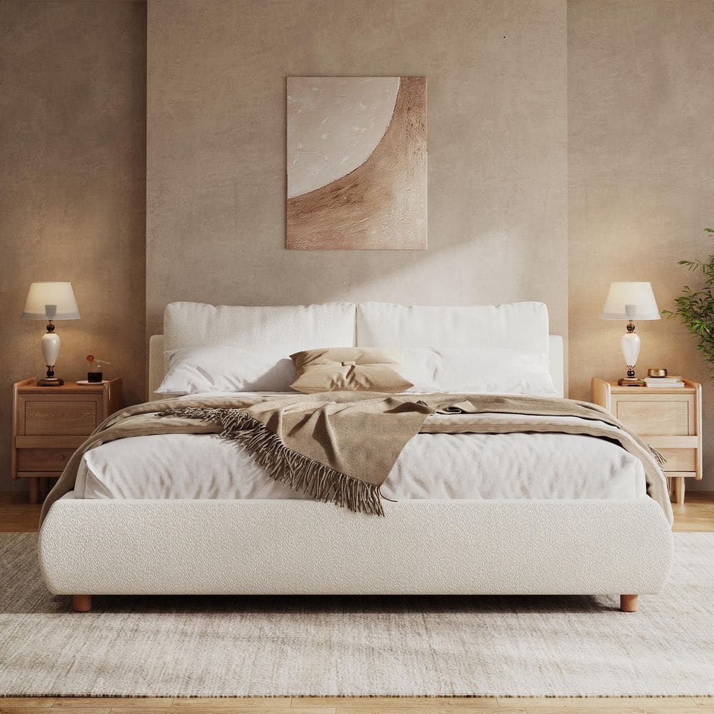 Linden White Boucle Fabric Upholstered Wood Frame Queen Size Platform Bed with Removable Pillow Headboard - thumbnail 8