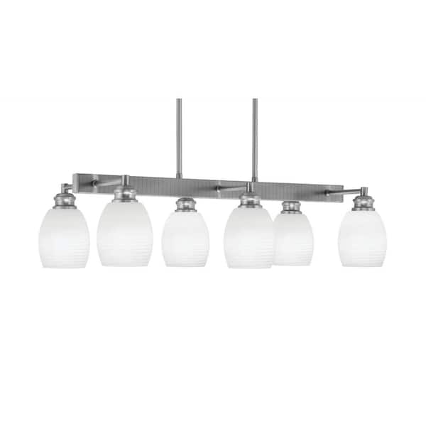 Unbranded Albany 6 Light Brushed Nickel Downlight Chandelier, Linear Chandelier for the Kitchen with White Linen Glass Shades