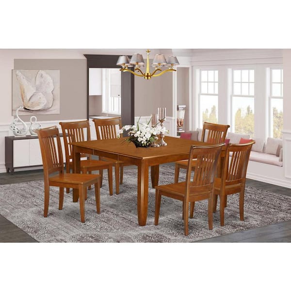 7-Piece Square Saddle Brown Finish Solid Wood Top Dining Table with 6-Chairs with Lattice Back