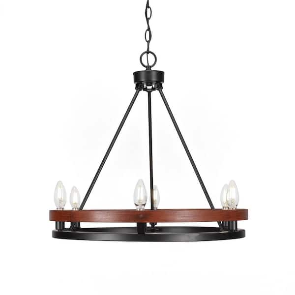 Unbranded Paris 6-Light Painted Wood-look Metal & Matte Black Finish Round Chandelier for Dinning Table with no blubs included