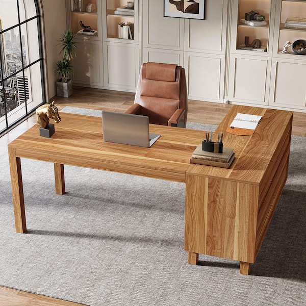 TRIBESIGNS WAY TO ORIGIN Halseey 59 in. L-Shaped Brown Wood Corner Computer Desk with Storage, Shelves, and Doors Home Office Working Study