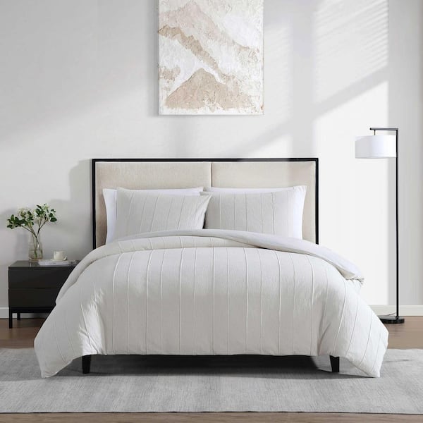 Woven Tucks 3-Piece Natural Chambray Beige Cotton Blend Jacquard Queen Duvet Cover Set