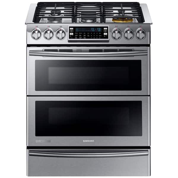 Samsung 30 in. 5.8 cu. ft. Slide-In Dual Door Double Oven, Dual Fuel Range with Self-Cleaning Convection Oven in Stainless Steel