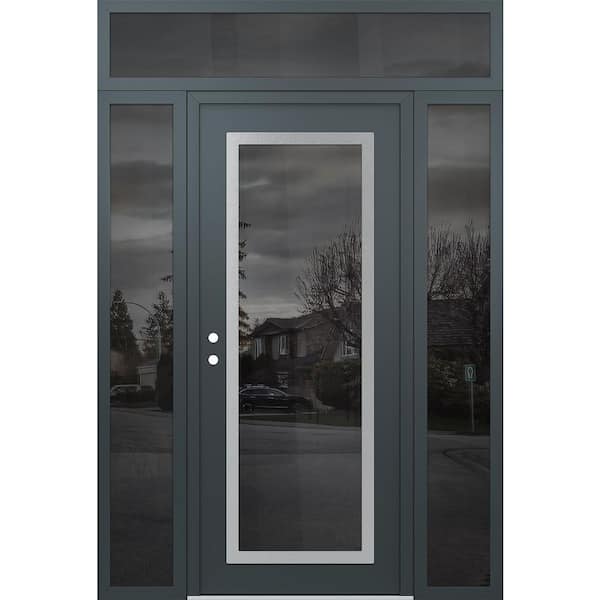 C1 60 in. x 96 in. Silver P Right-Hand/Inswing Mirrored Glass Anth/Anth 2-Sidelite+Transom Steel Prehung Front Door