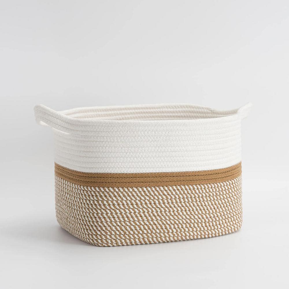 Rectangular Natural Polypropylene Single Cord Washable Basket With Handles  - 8L x 11W x 3H