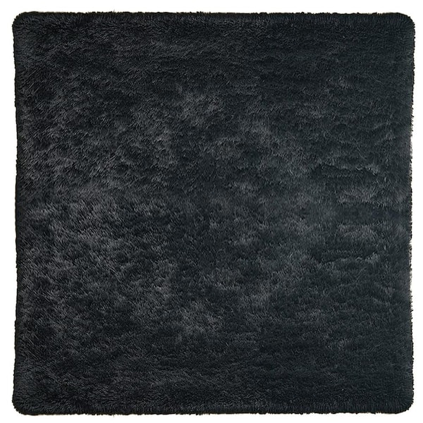 Latepis Plush Shag Black 5 ft. x 5 ft. Solid Polyester Area Rug