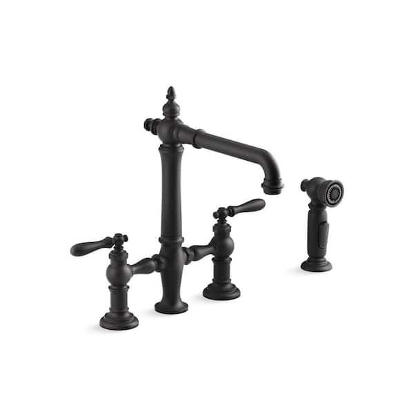 KOHLER Artifacts Double-Handle Bridge Kitchen Faucet with Sidesprayer in Matte Black