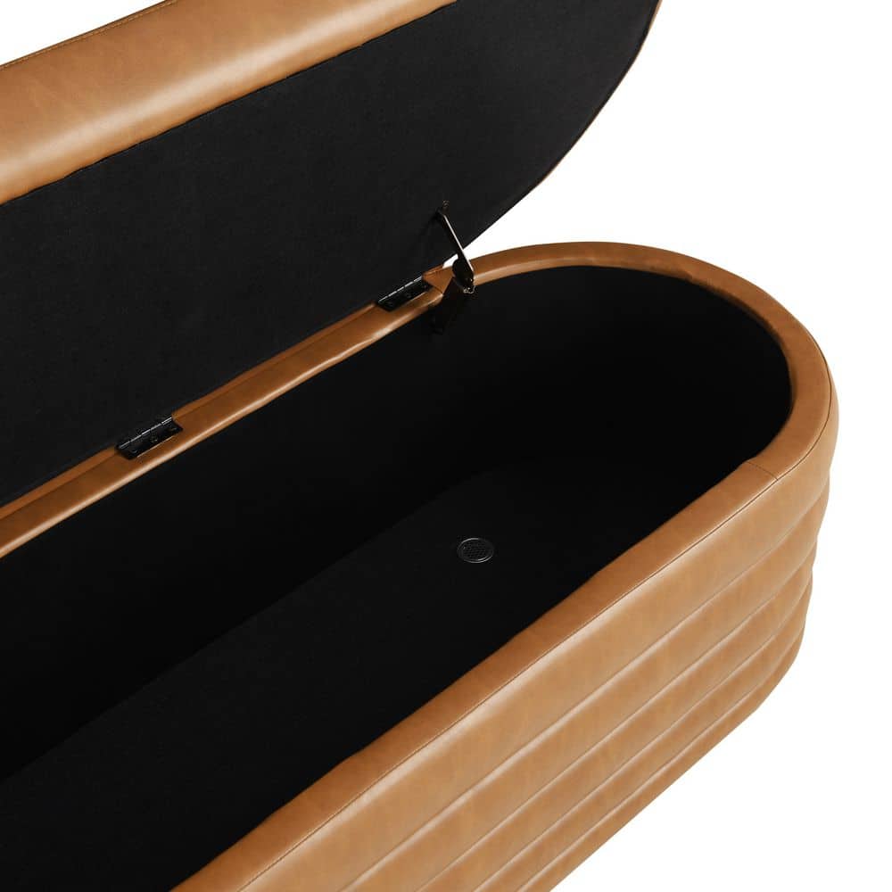 Storage ottoman with top lifted showing the black interior storage.