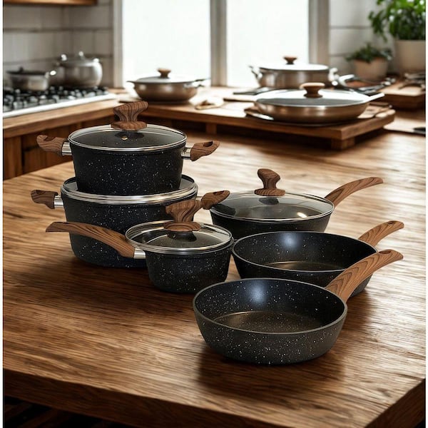 5 qt. Induction Cookware Set - 12 Piece Stock Pot Size, Granite Black Nonstick Pots and Pans with Lid, Kitchen Product