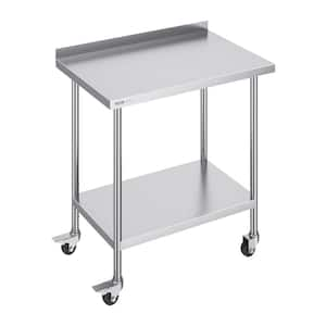 24 x 36 x 40 in. Stainless Steel Commercial Kitchen Prep Table with Casters Metal Table with Adjustable Height, Silver