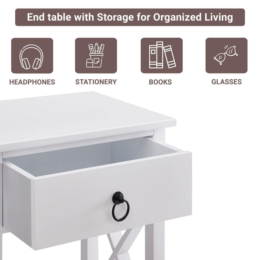 12 in. White Wood Rectangle End Table with Drawer and Shelf