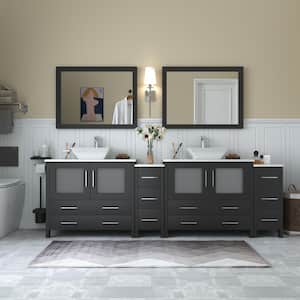 Ravenna 96 in. W Bathroom Vanity in Espresso with Double Basin in White Engineered Marble Top and Mirrors