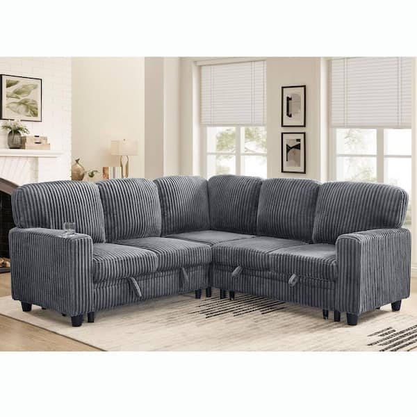 Corvian Modern 81 in. Square Arms Corduroy Upholstered L-Shape Sectional Sofa Bed in. Grey with Storage, USB Port