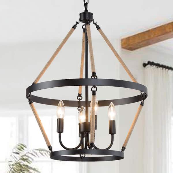LNC Farmhouse 4-Light Black Rope Accents Cage Chandelier for Living Room, Bedroom, with Candlesticks and No Bulb Included