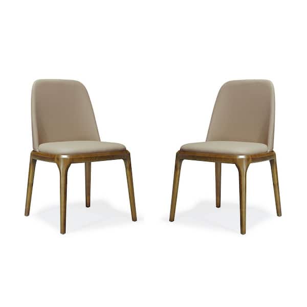 Manhattan Comfort Courding Tan and Walnut Faux Leather Upholstered Dining Chair (Set of 2)