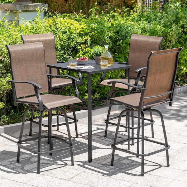 Black 5-Piece Textilene and Metal Square Outdoor Bar Set with Umbrella Hole and Swivel Bar Stools