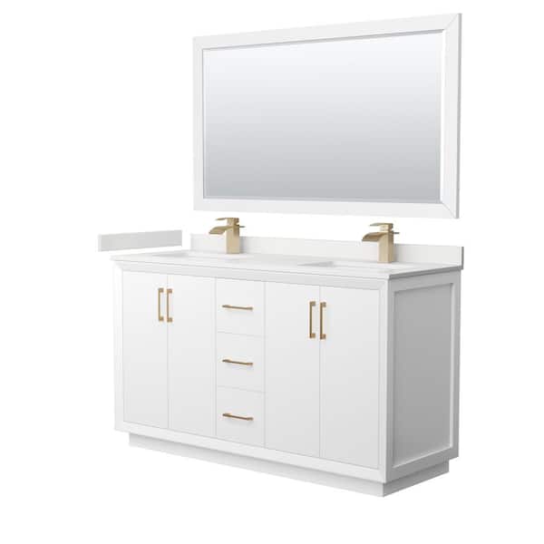 Wyndham Collection Strada 60 in. W x 22 in. D x 35 in. H Double Bath Vanity in White with White Quartz Top and 58 in. Mirror