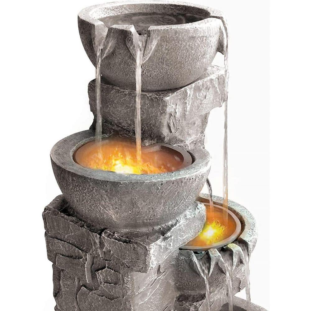 Stone Gray Cascading Bowls and Stacked Stones LED Outdoor Fountain